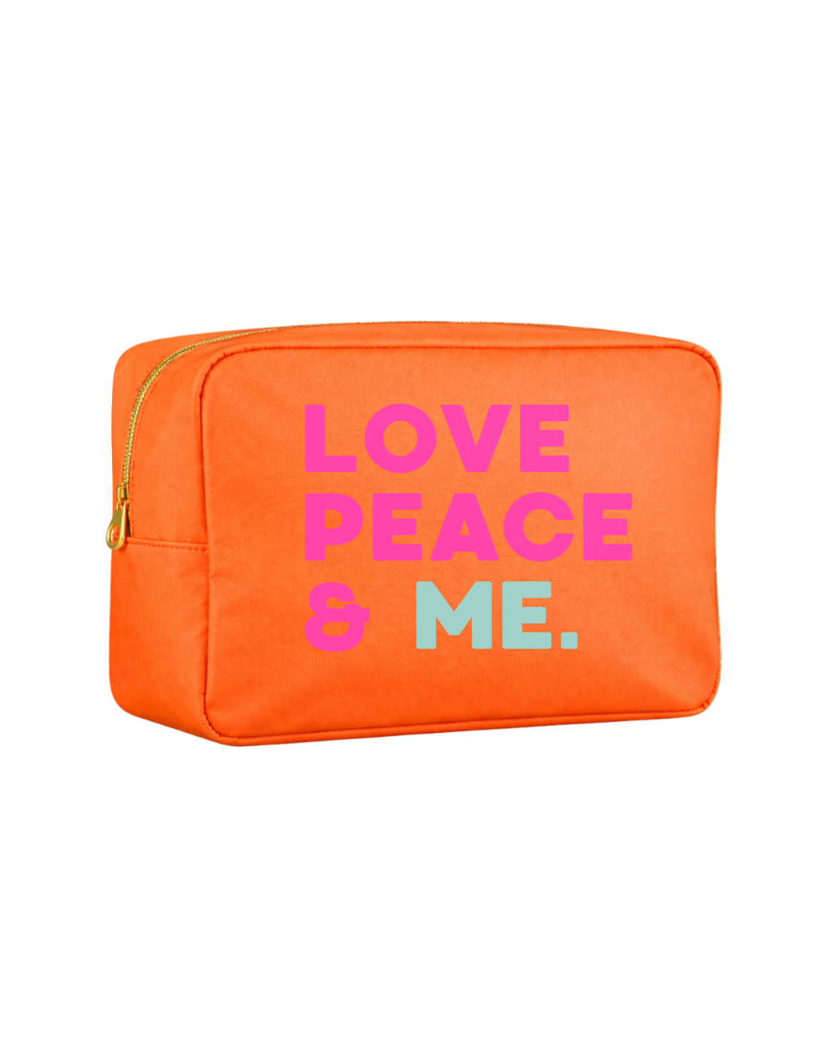 Orange Kosmetiktasche mit „Love Peace & Me“ Print in Neonfarben – nachhaltiges Design aus Hamburg