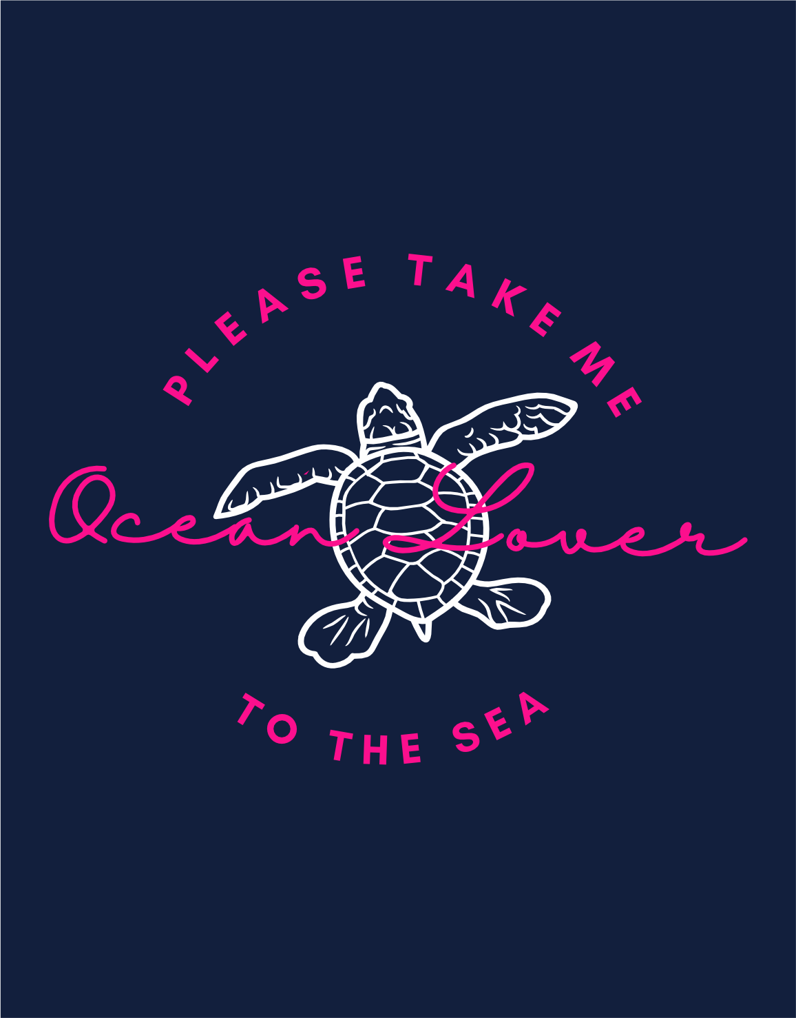 Ocean Lover Print Design navy: Nahaufnahme des pink-weißen „Please take me to the sea“-Prints auf dunkelblauem Hoodie – kontrastreicher maritimer Print für Damenmode.