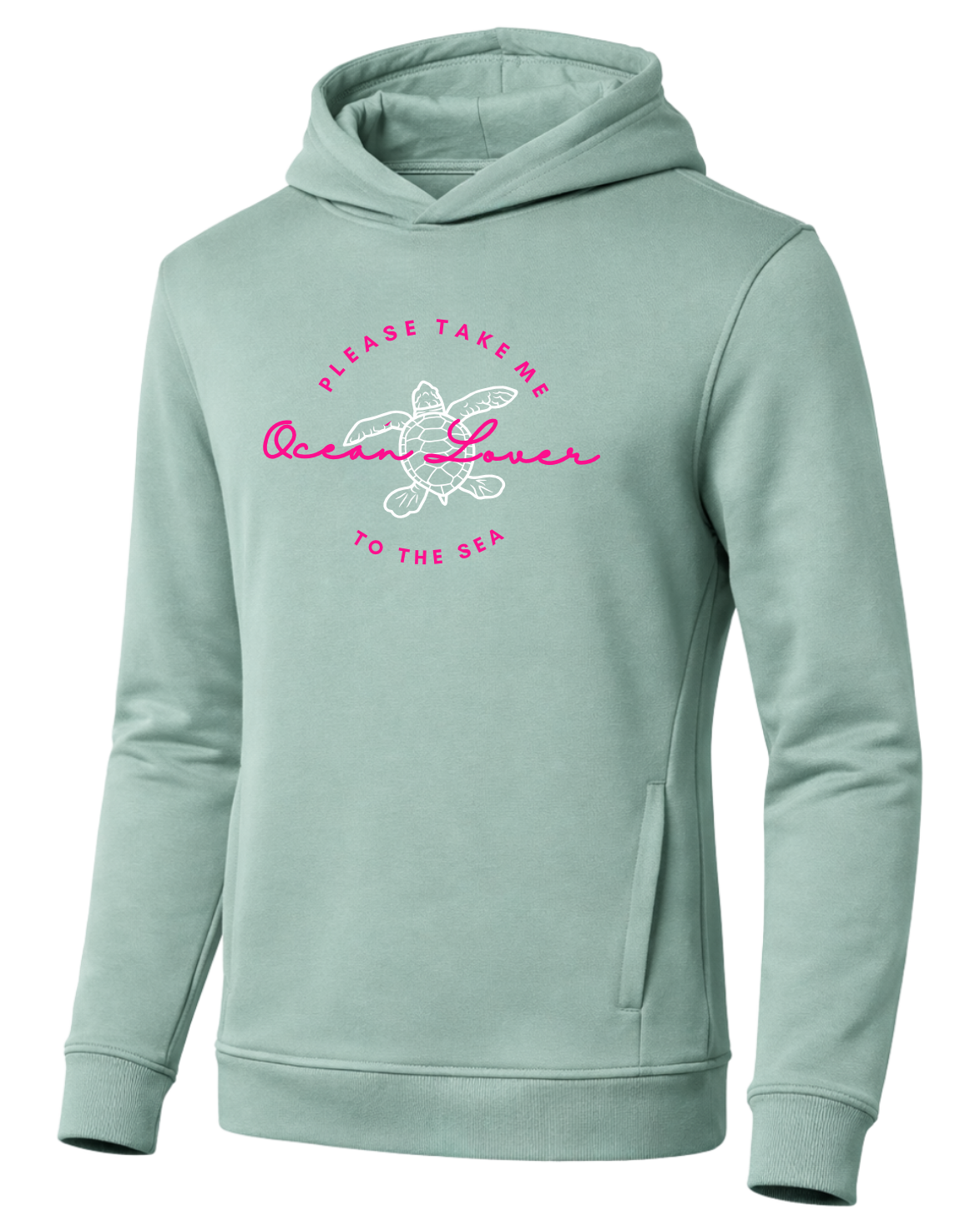Hoodie Ocean Lover sage grün: Salbeigrüner Hoodie mit „Please take me to the sea“-Print und Schildkröten-Grafik – trendiger Damen Hoodie in sanften Naturfarben.