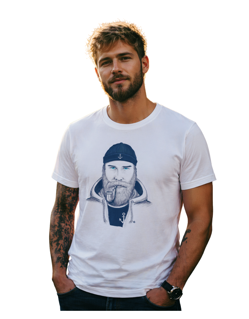 Handgezeichnetes Seemann T-Shirt – Maritimer Vintage Look mit Bart & Pfeife