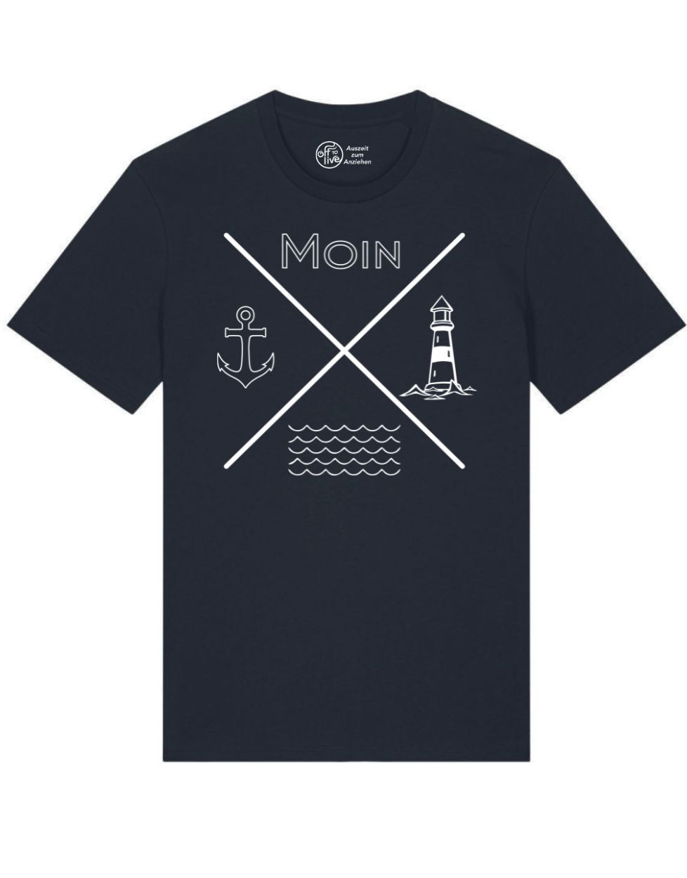 Unisex T-Shirt Moin Anker Welle Leuchturm Grafik weiß auf schwarz
