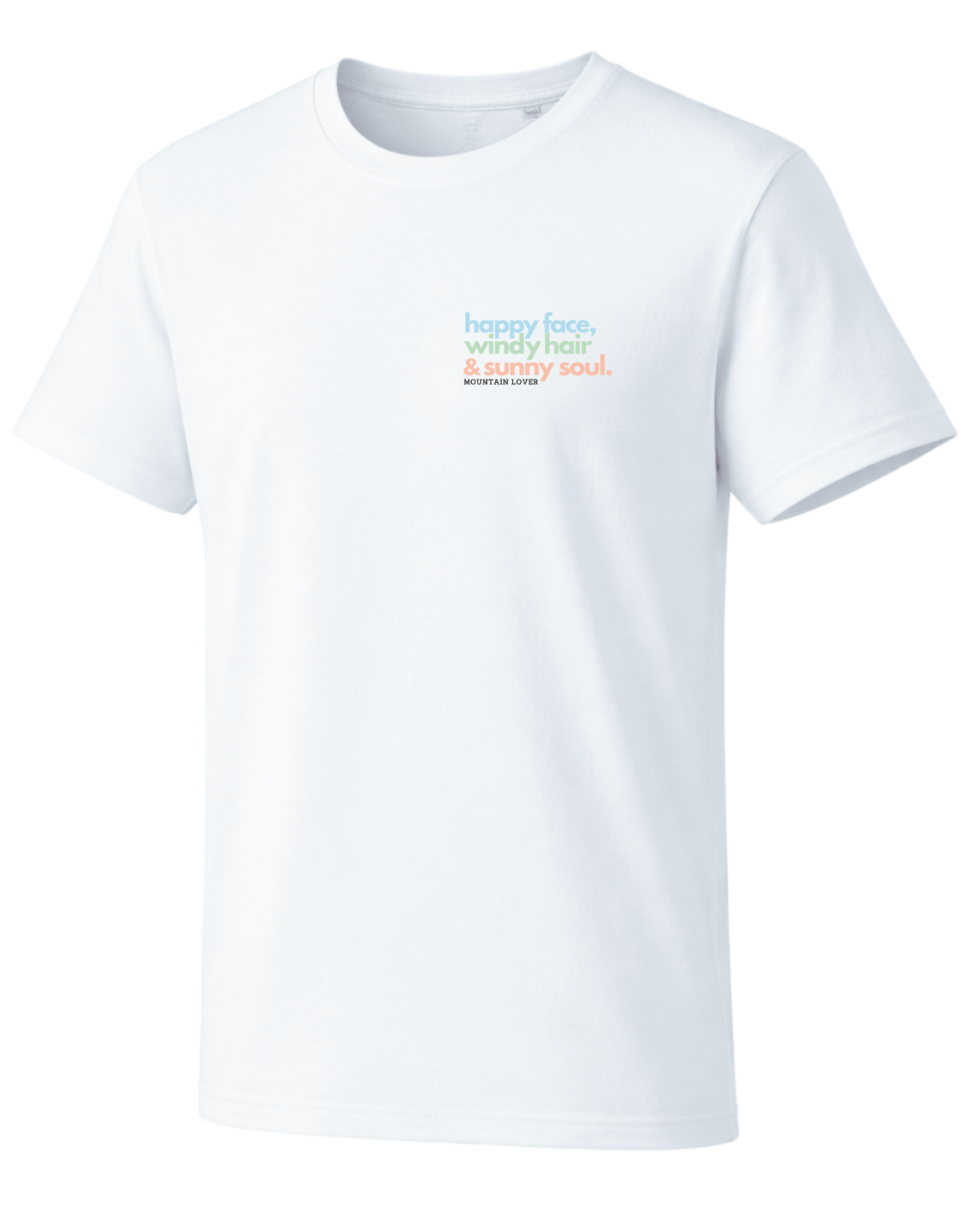 Herren T-Shirt weiß mit farbigem „happy face, windy hair & sunny soul“ Print, leichtes Sommer-Shirt im cleanen Outdoor- und Lifestyle-Look für Alltag und Reisen.
