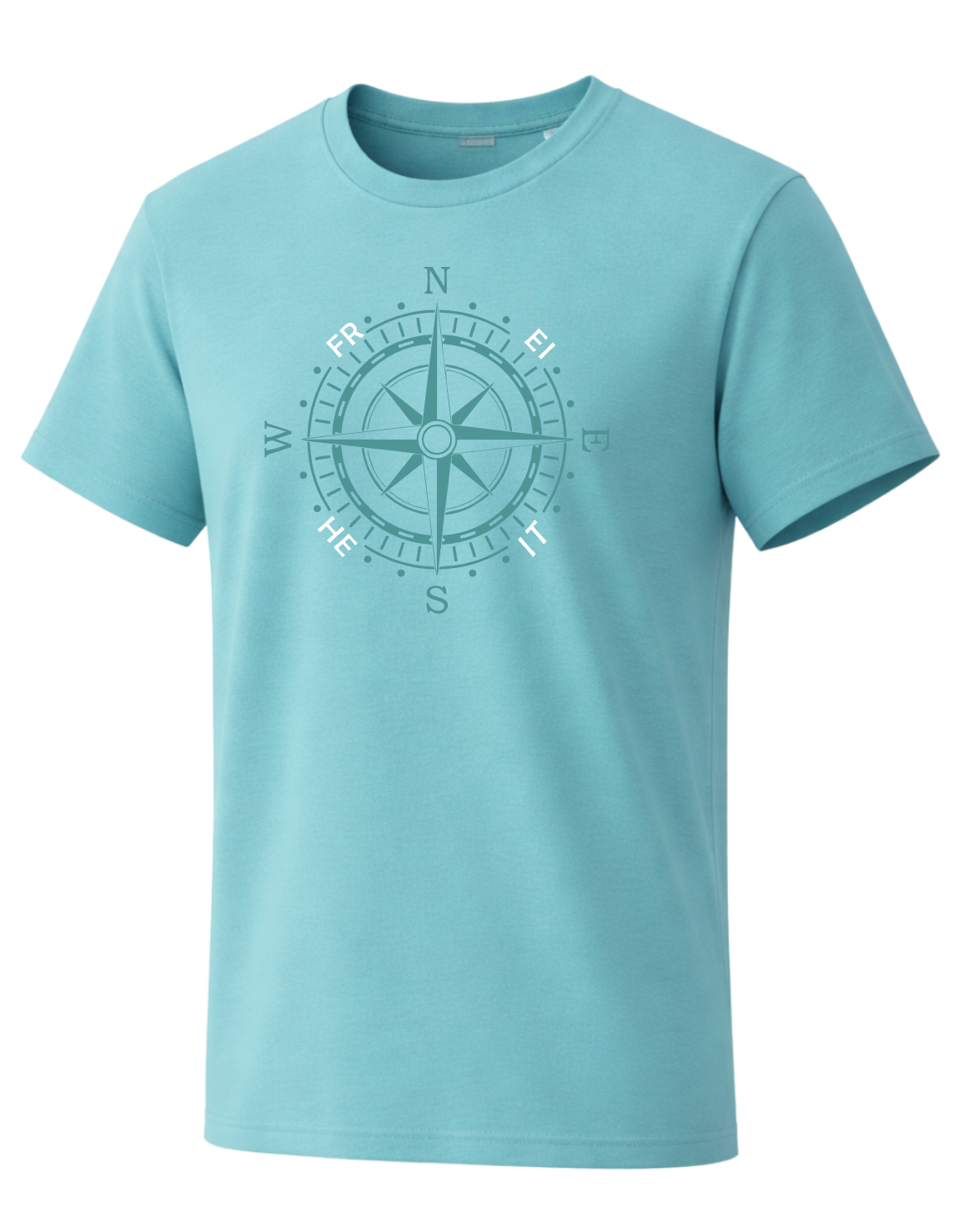 Herren T-Shirt in Türkis mit maritimer Kompassrose in abgestimmten Farben, frischer Küsten-Look für Sommer und Freizeit.