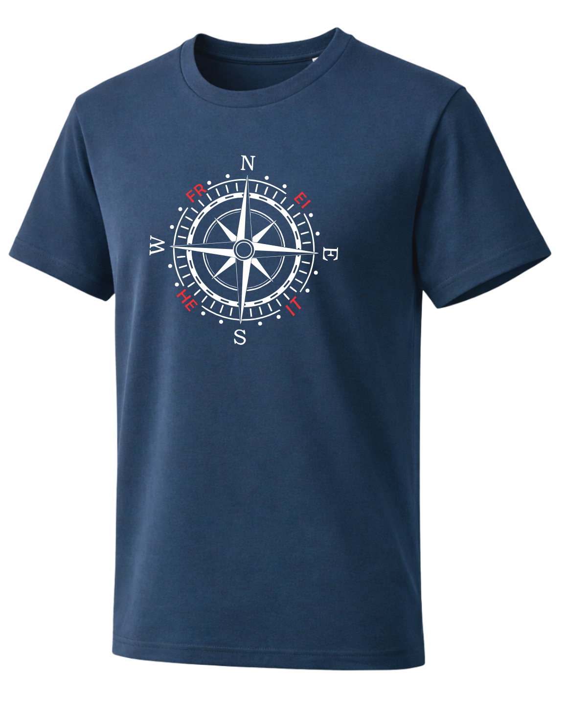 Unisex T-Shirt in Dunkelblau mit maritimer Kompassrose und farblichen Akzenten, klassisches Küsten-Design im modernen Streetwear-Stil.