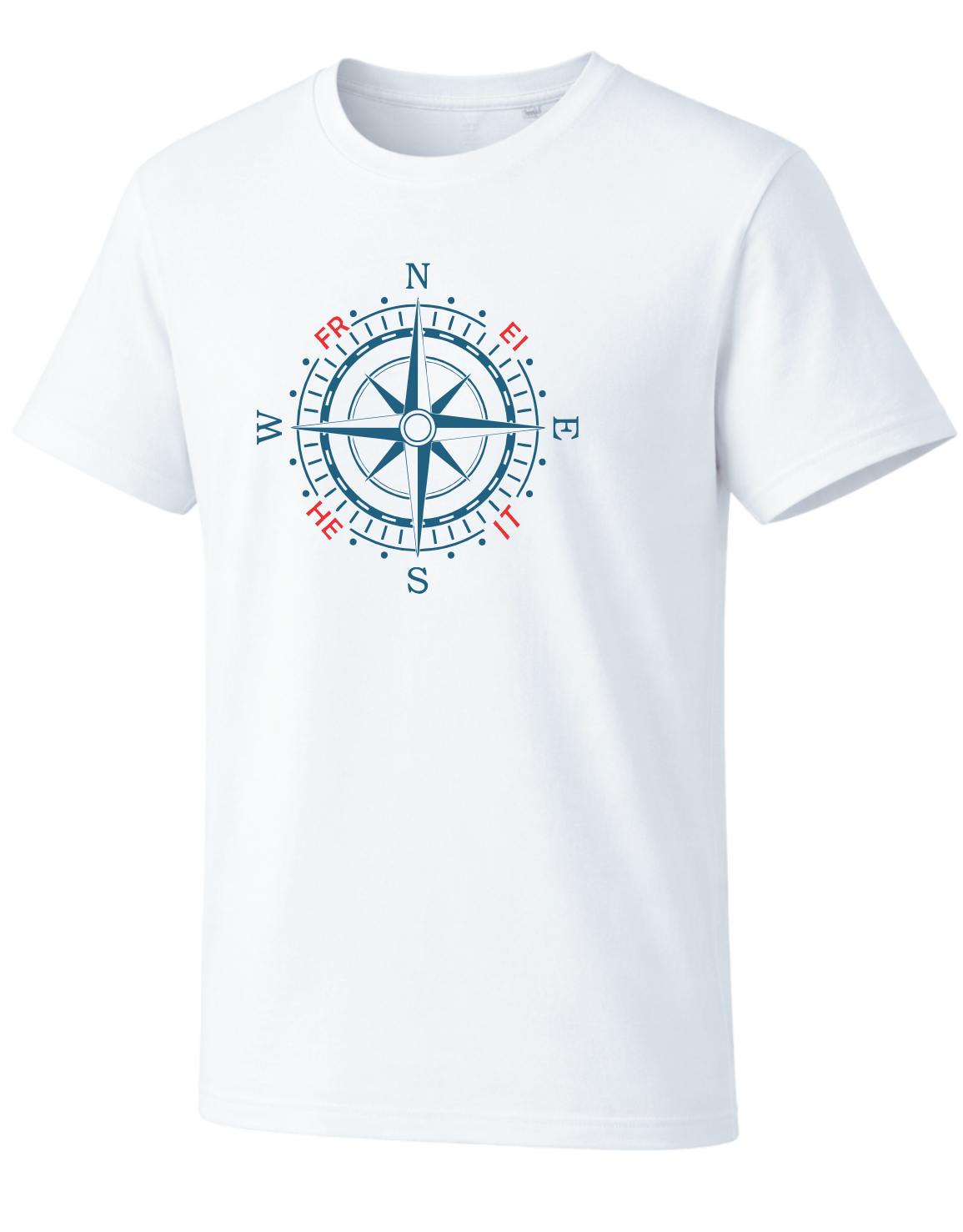 Damen T-Shirt in Weiß mit detailreicher maritimer Kompassrose und farbigen Akzenten, klarer nordischer Stil für Alltag und Urlaub.