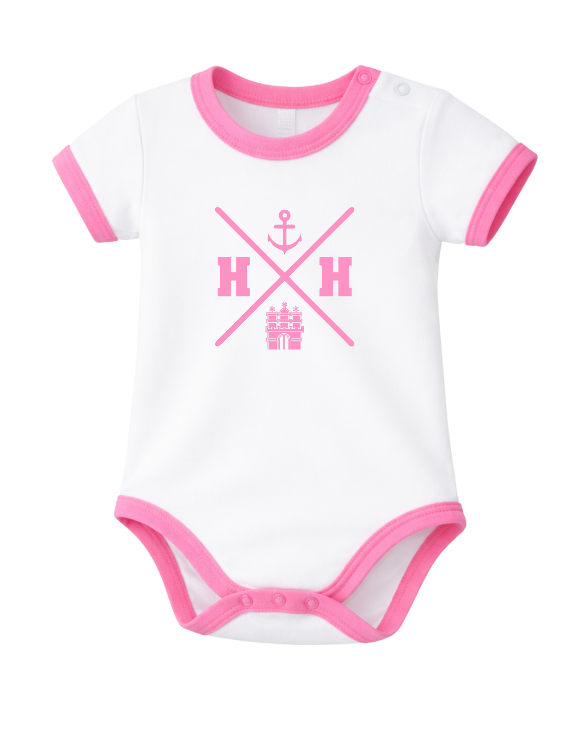 Weißer Babybody mit rosa HH Kreuz Design, Anker und Hamburger Tor Motiv