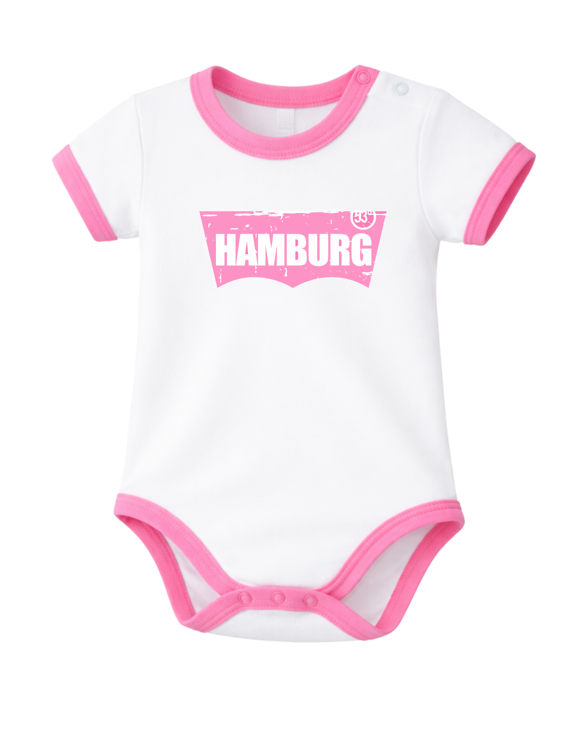 Weißer Babybody mit kurzen Ärmeln, rosa Einfassungen an Hals, Ärmeln und Beinöffnungen sowie Druckknöpfen im Schritt. Auf der Vorderseite befindet sich ein pinkes „HAMBURG“-Motiv im Used-Look mit markantem Schriftzug.