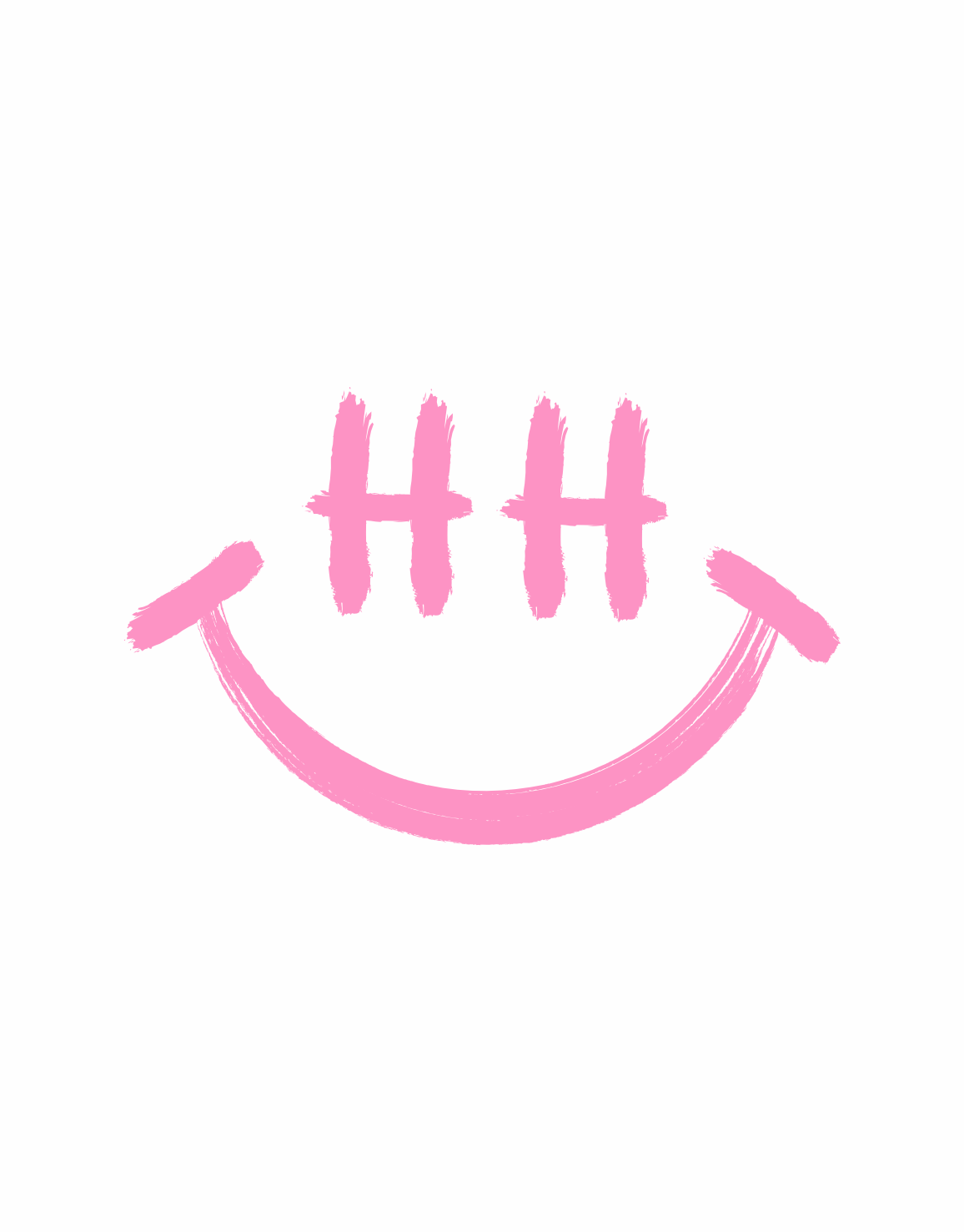 Minimalistisches Smiley-Motiv in Pink mit zwei stilisierten „HH“-Augen und einem breiten, geschwungenen Lächeln. Die Linien wirken wie handgemalt.
