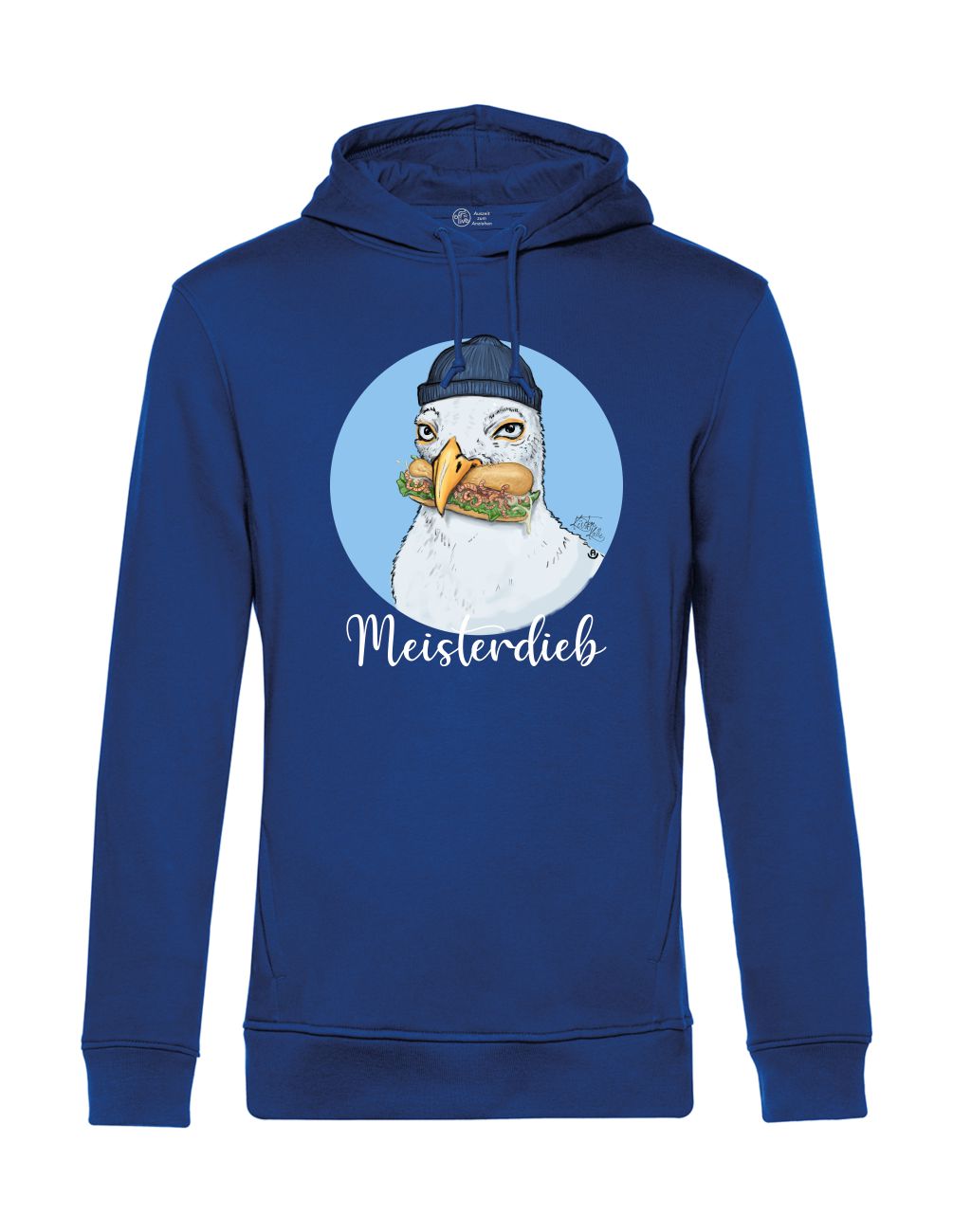 Küstenkalle Meisterdieb Hoodie navy Zeichnung einer Möwe mit einem Fischbrötchen Kapuzensweater blau lustig maritim moin möwen