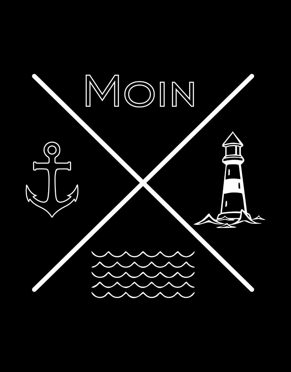 schwarzes T-Shirt mit Moin Anker Leuchtturm und Wellen. Cooles T Shirt mit maritimen Design.