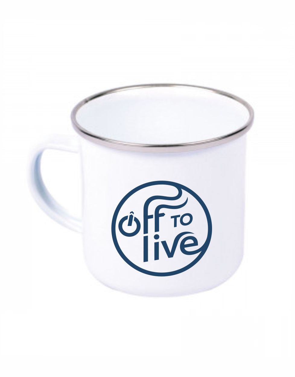 Off to Live Logo navy Emaille Becher